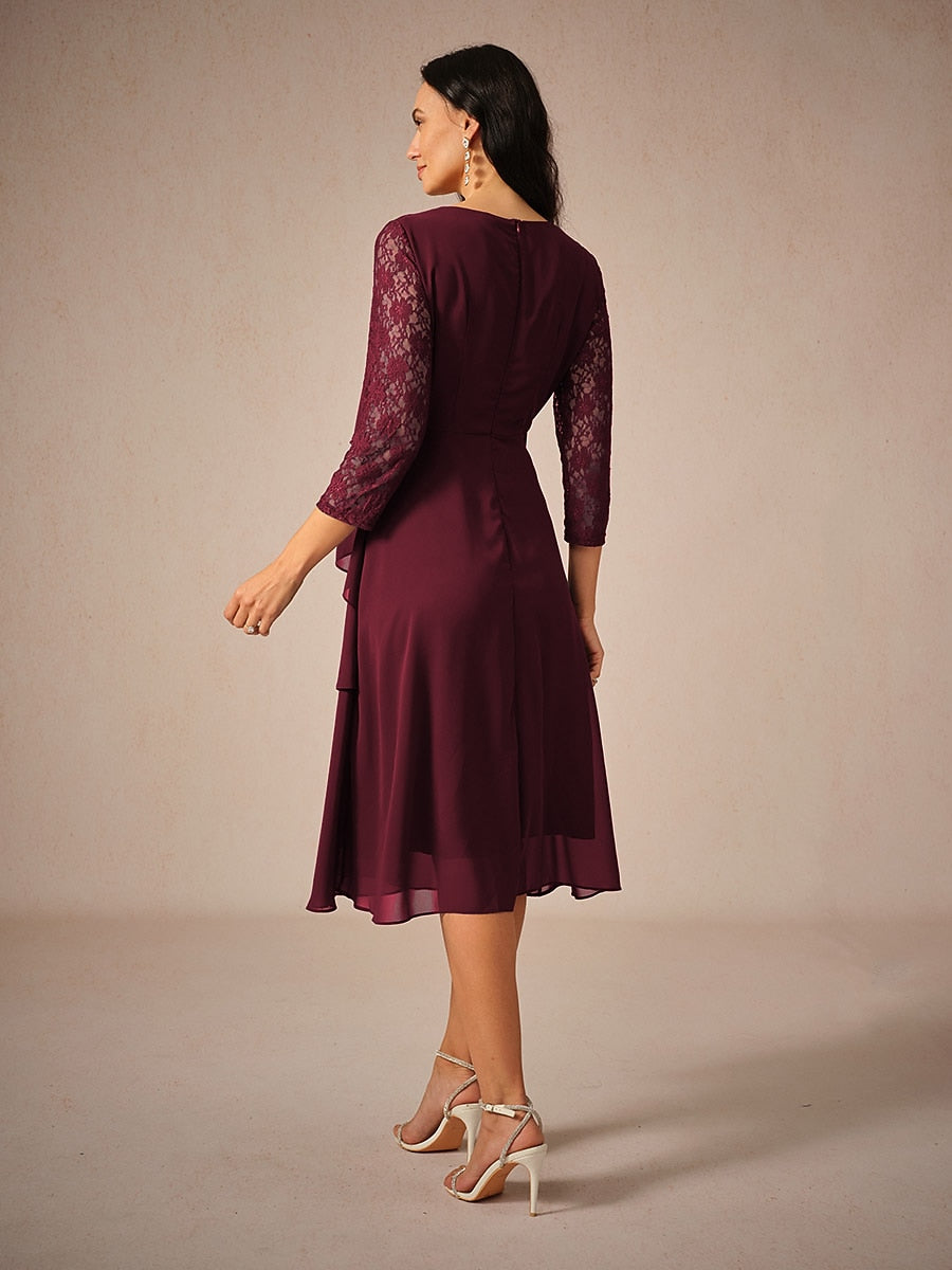 Layered Lace Sleeve Chiffon Dress