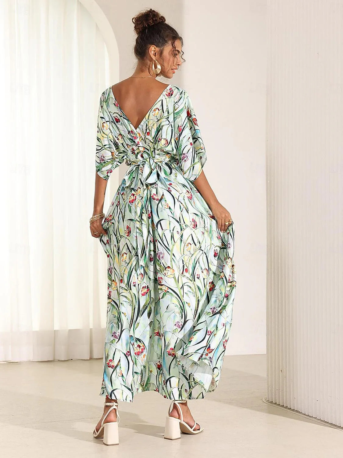 Tropical Floral Satin Maxi Dress