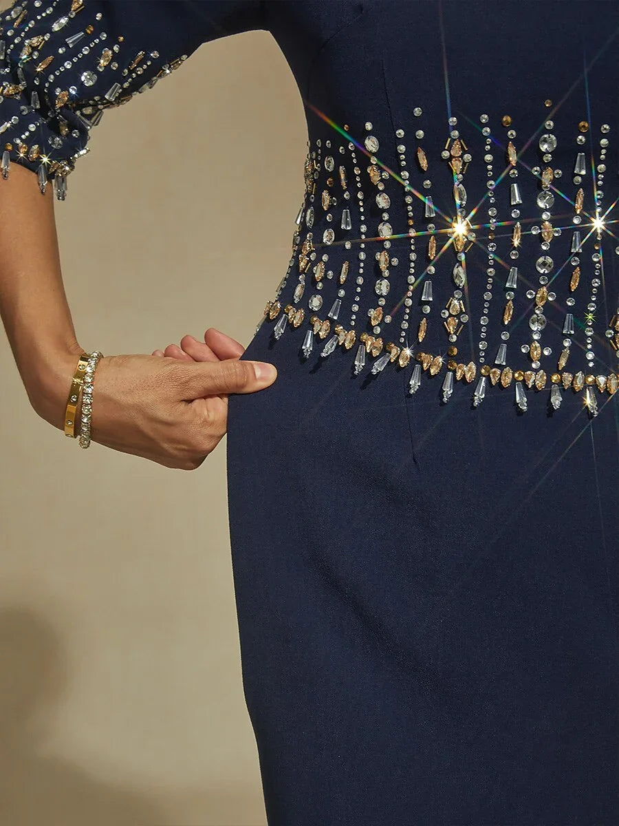 Boat Neck Mermaid Evening Gown with Crystal Details