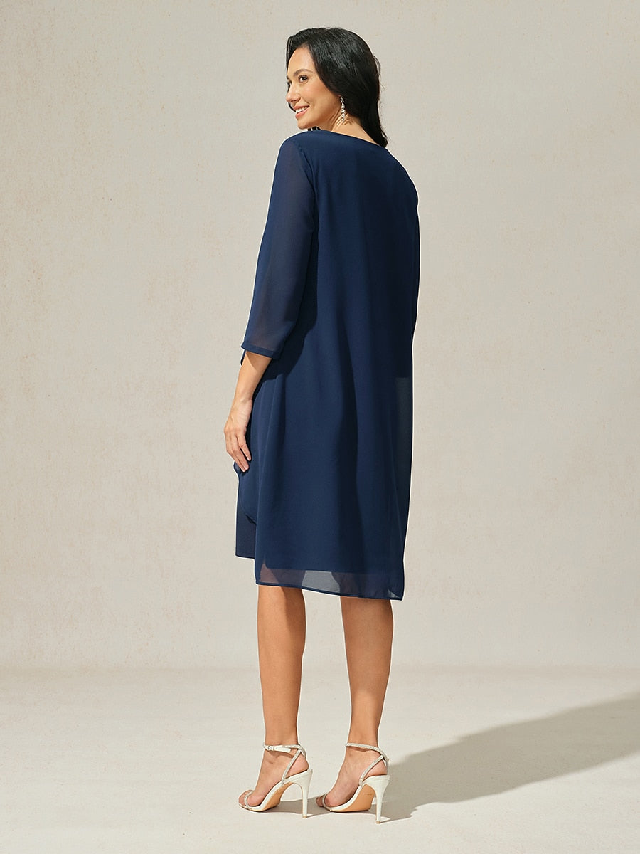 3/4 Sleeve Knee-Length Chiffon Dress with Rhinestone