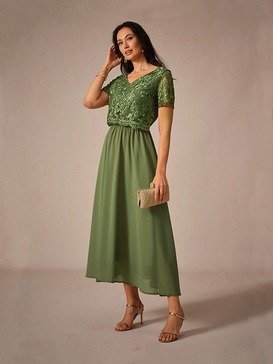 Chiffon Lace V Neck Short Sleeve Flared Midi Dress