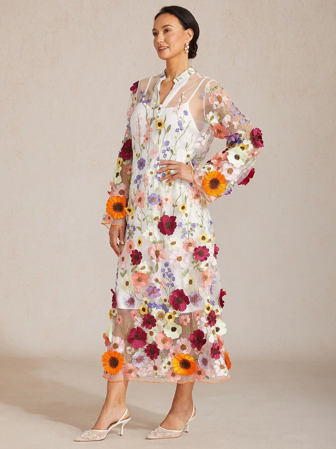 3D Floral Embroidered Sheer Maxi Dress