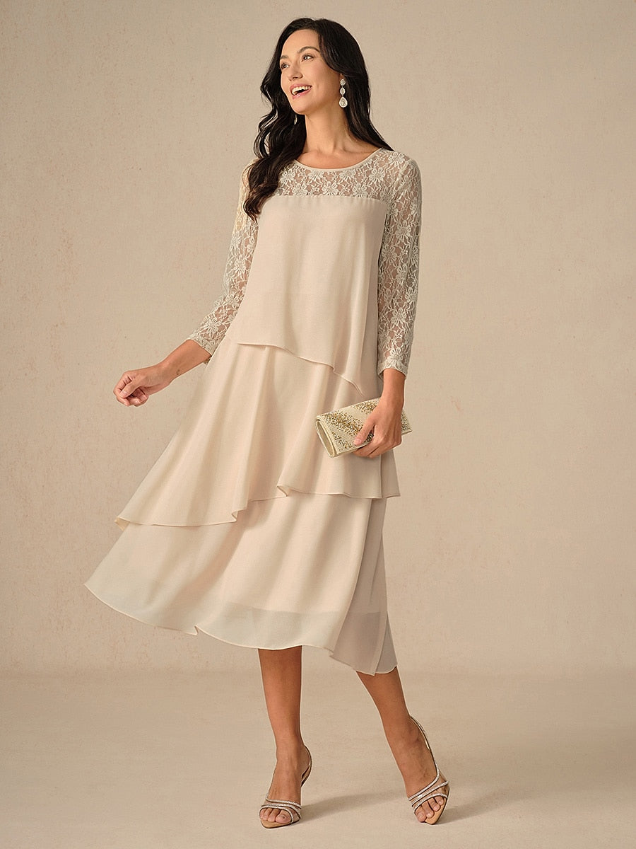 Layered Lace Sleeve Chiffon Dress
