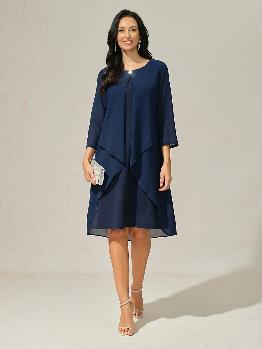 3/4 Sleeve Knee-Length Chiffon Dress with Rhinestone