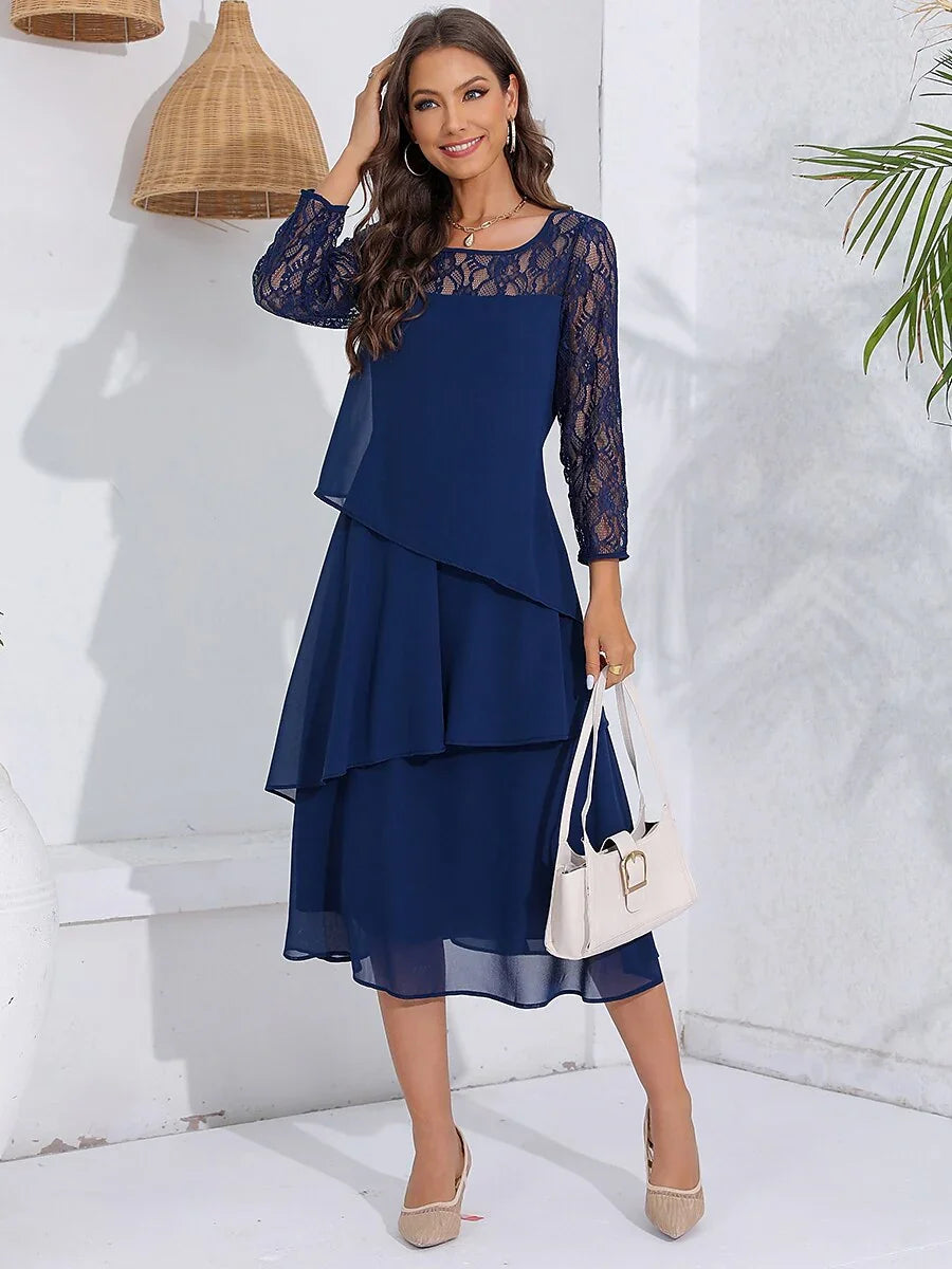 Lace Tiered Chiffon 3/4 Length Sleeve Dress