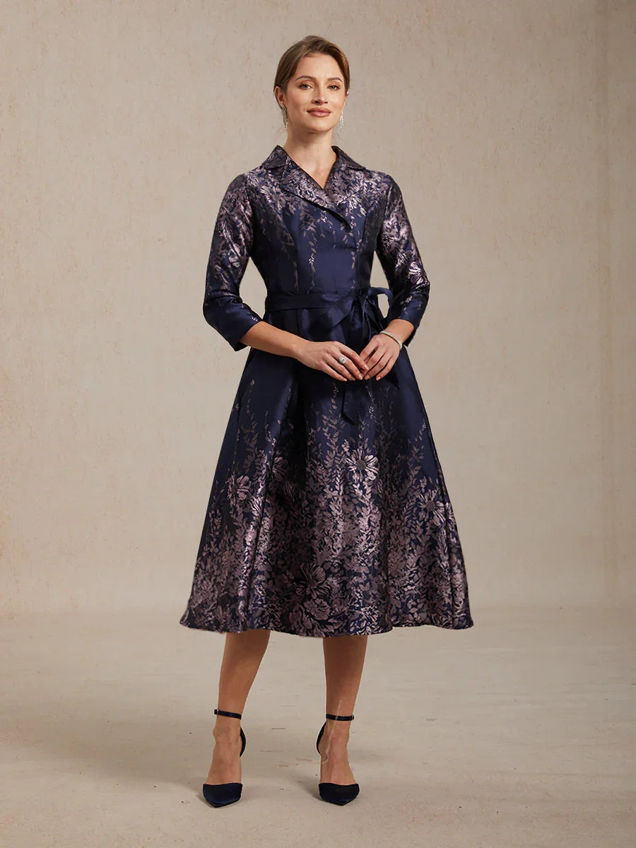 Hemdblusenkleid mit Blumenjacquardmuster, Gürtel und Seitentaschen
