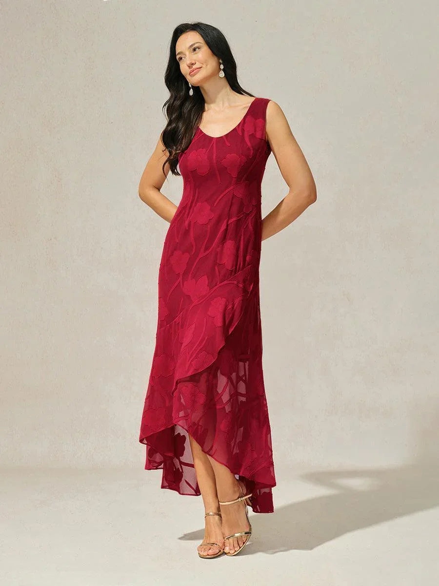 Abendkleid aus Chiffon mit Blumenmuster und asymmetrischem Saum