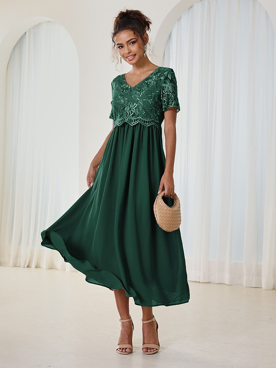 Chiffon Lace V Neck Short Sleeve Flared Midi Dress