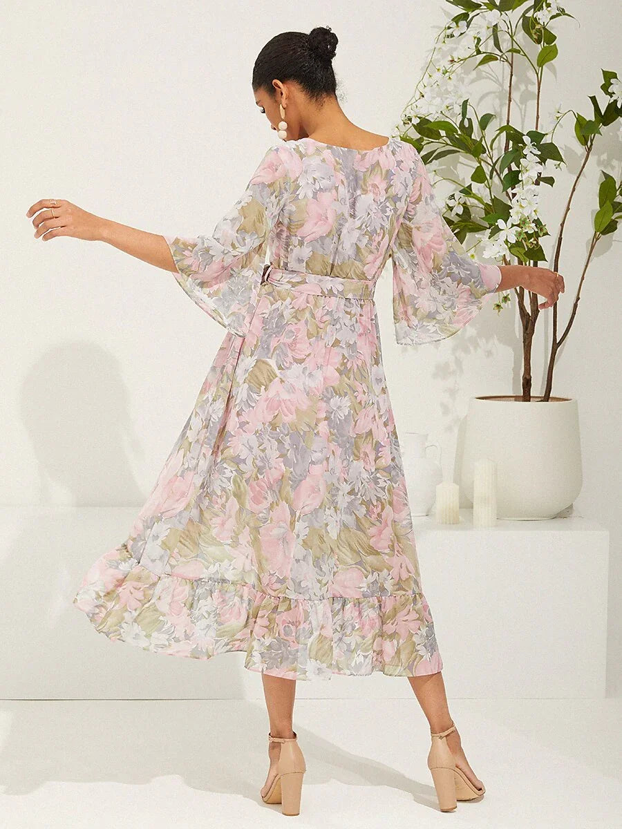 Floral V-Neck Ruffle Chiffon Maxi Dress
