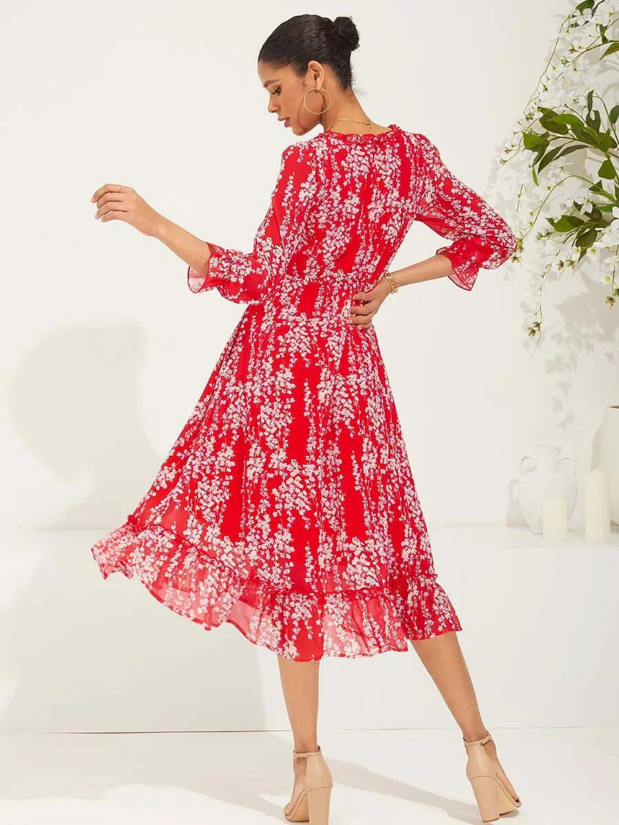 Red Floral Swing Chiffon Maxi Dress