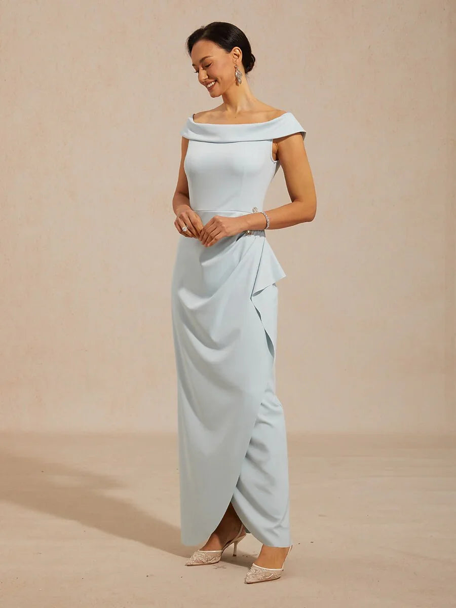 Off Shoulder Ruched Maxi Dress with Rhinestone Embellishment