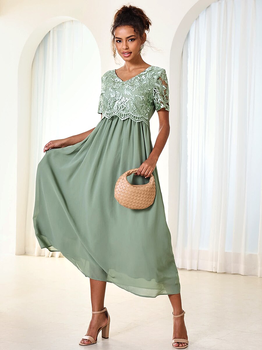 Chiffon Lace V Neck Short Sleeve Flared Midi Dress