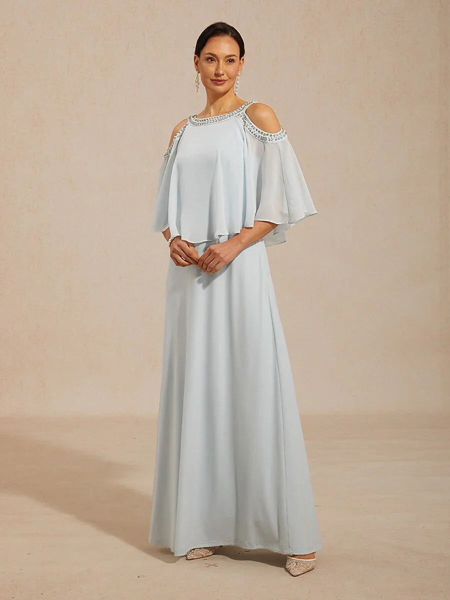Cold Shoulder A-Line Chiffon Gown with Rhinestone