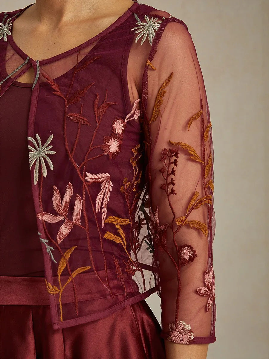 Floral Embroidered Lace Jacket with Rhinestone Button