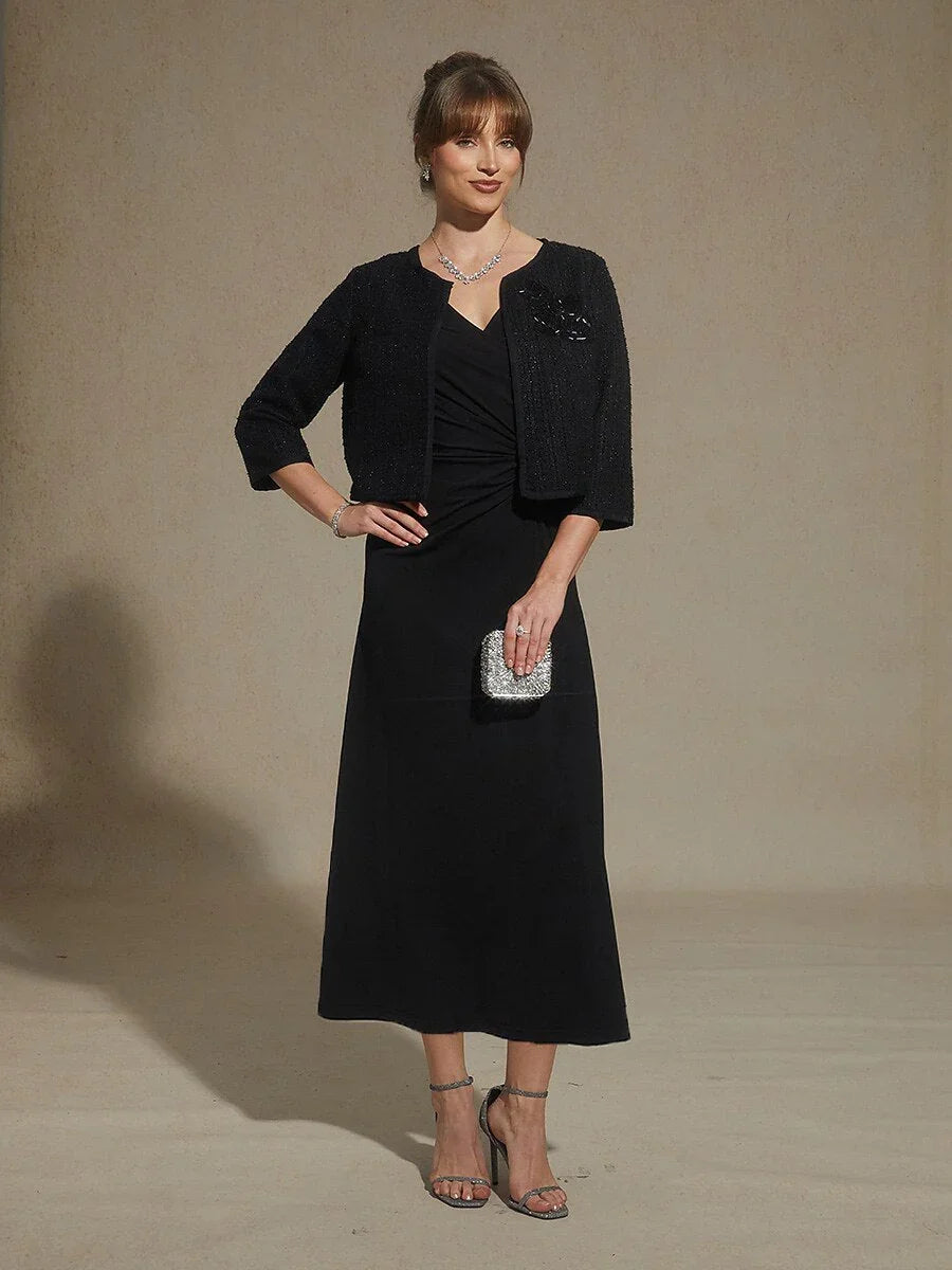 Black V-Neck A-Line Knit Dress with Waist Twist Design