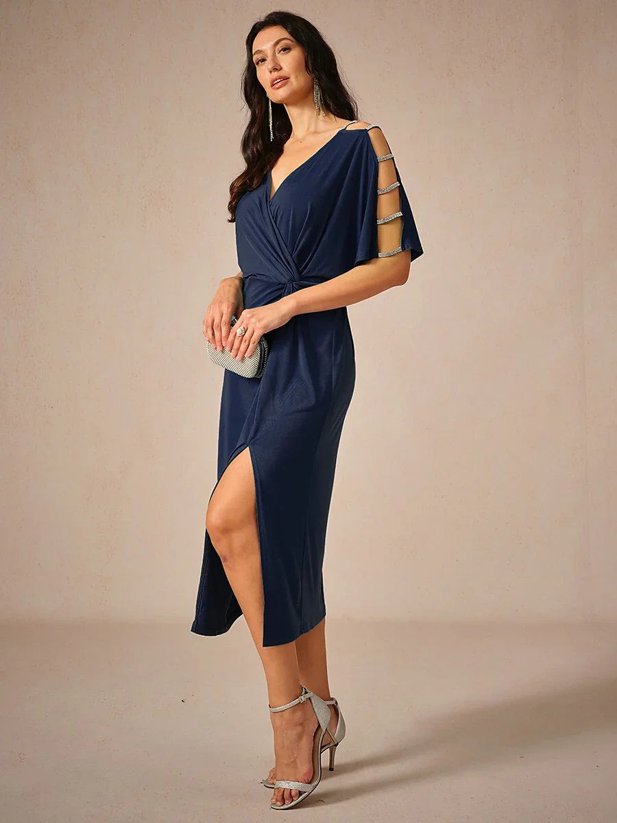 Stretch Knot Front Dress with Front Slit & Embellished Sleeve Cutouts