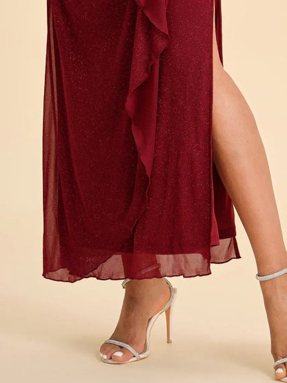 Ankle-Length Cold Shoulder Glitter Mesh Dress