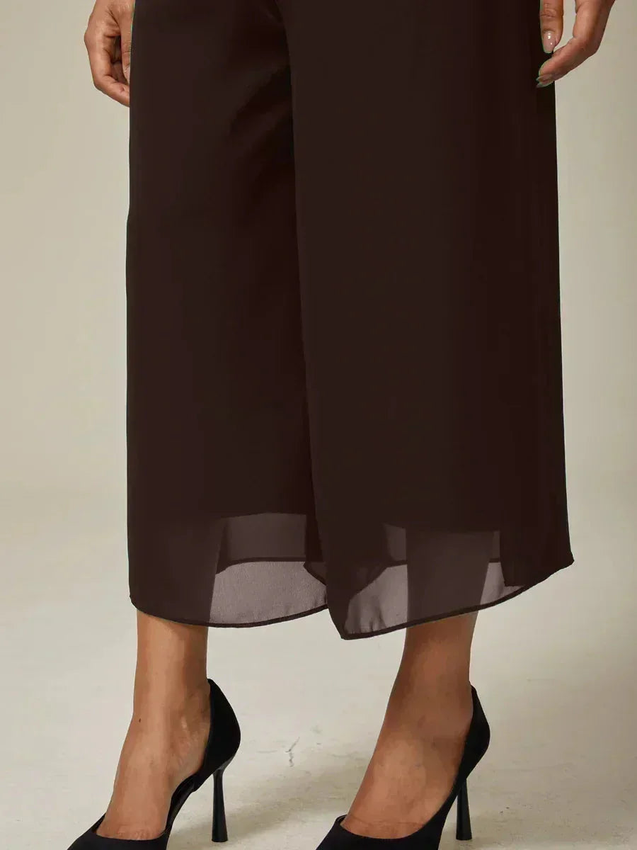 Cropped Length Straight Leg Pant With Chiffon Split Leg Overlay