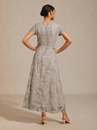 Rosette Lace A-Line Gown with Sequin Embellishment