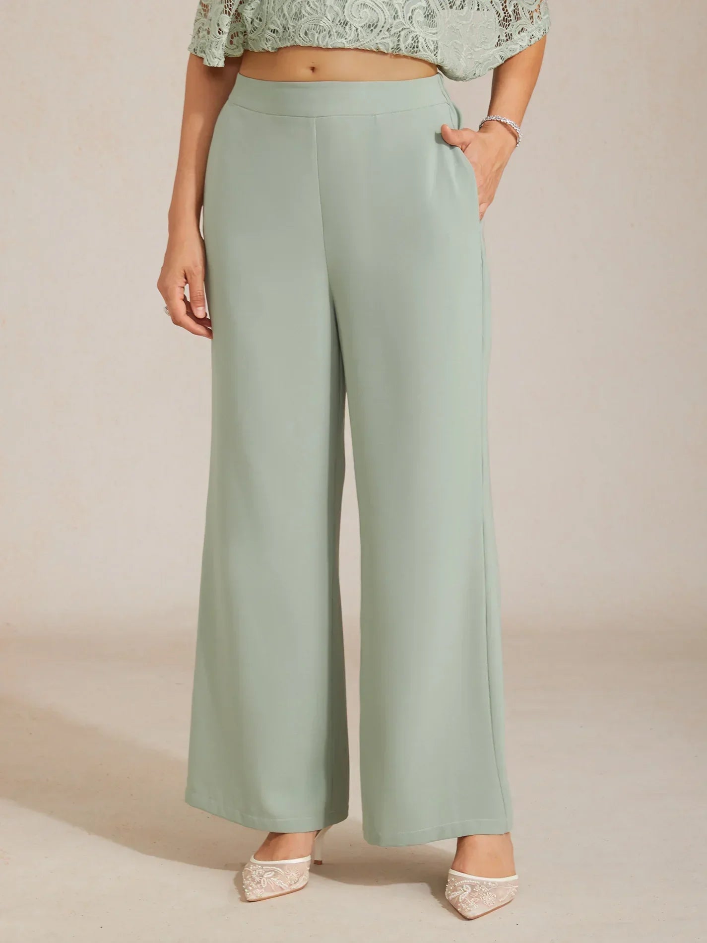 Mid-Rise Elastic Waist Wide-Leg Pants with Pockets