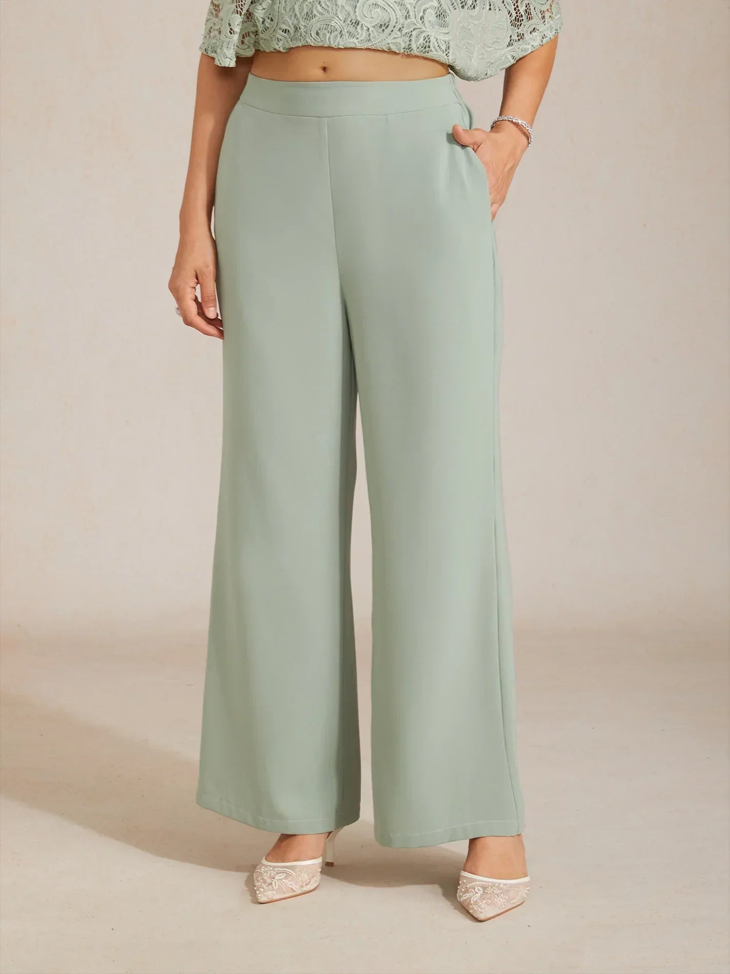 Mid-Rise Elastic Waist Wide-Leg Pants with Pockets
