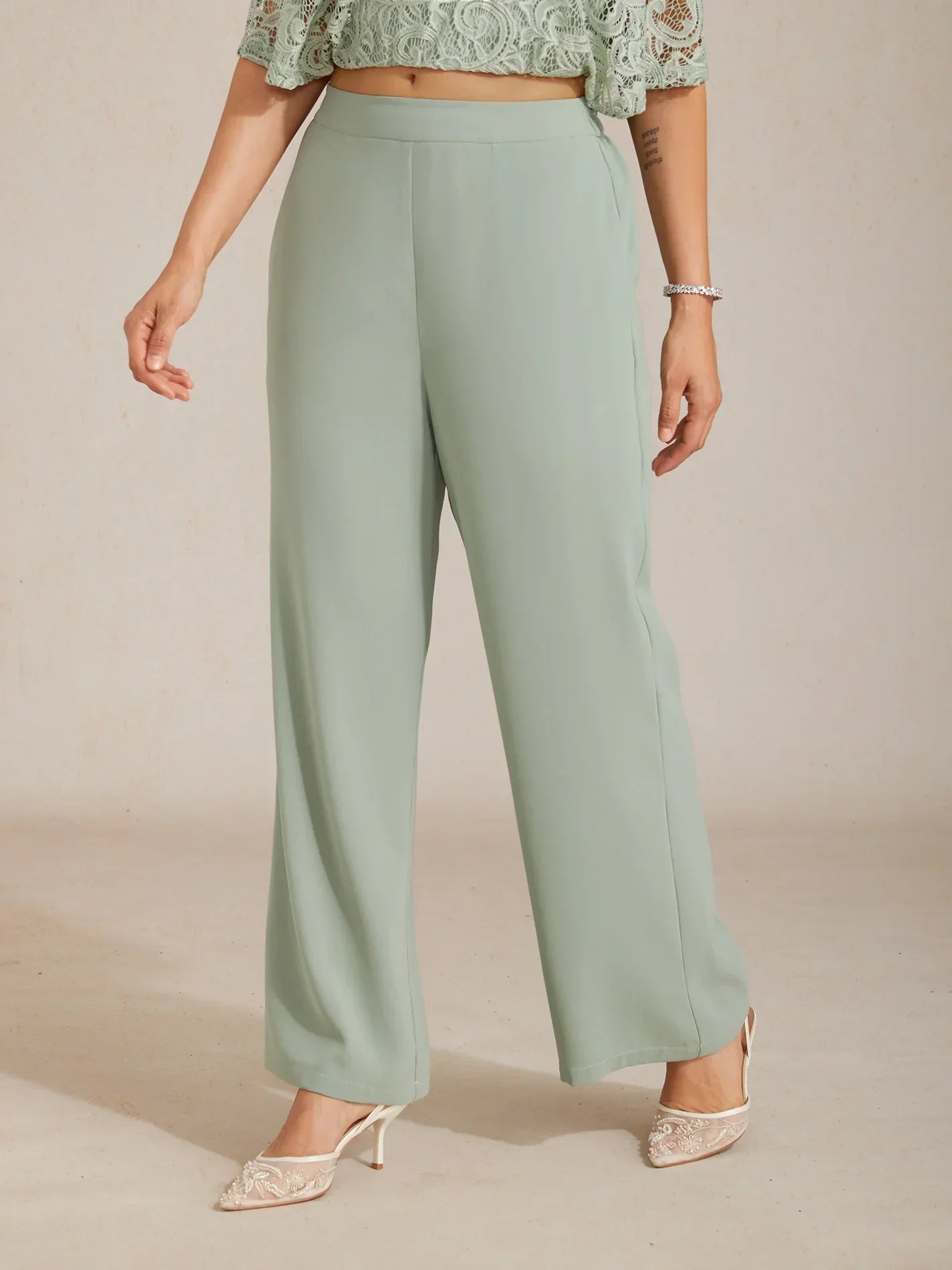 Mid-Rise Elastic Waist Wide-Leg Pants with Pockets