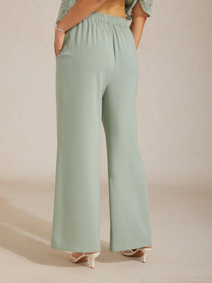 Mid-Rise Elastic Waist Wide-Leg Pants with Pockets