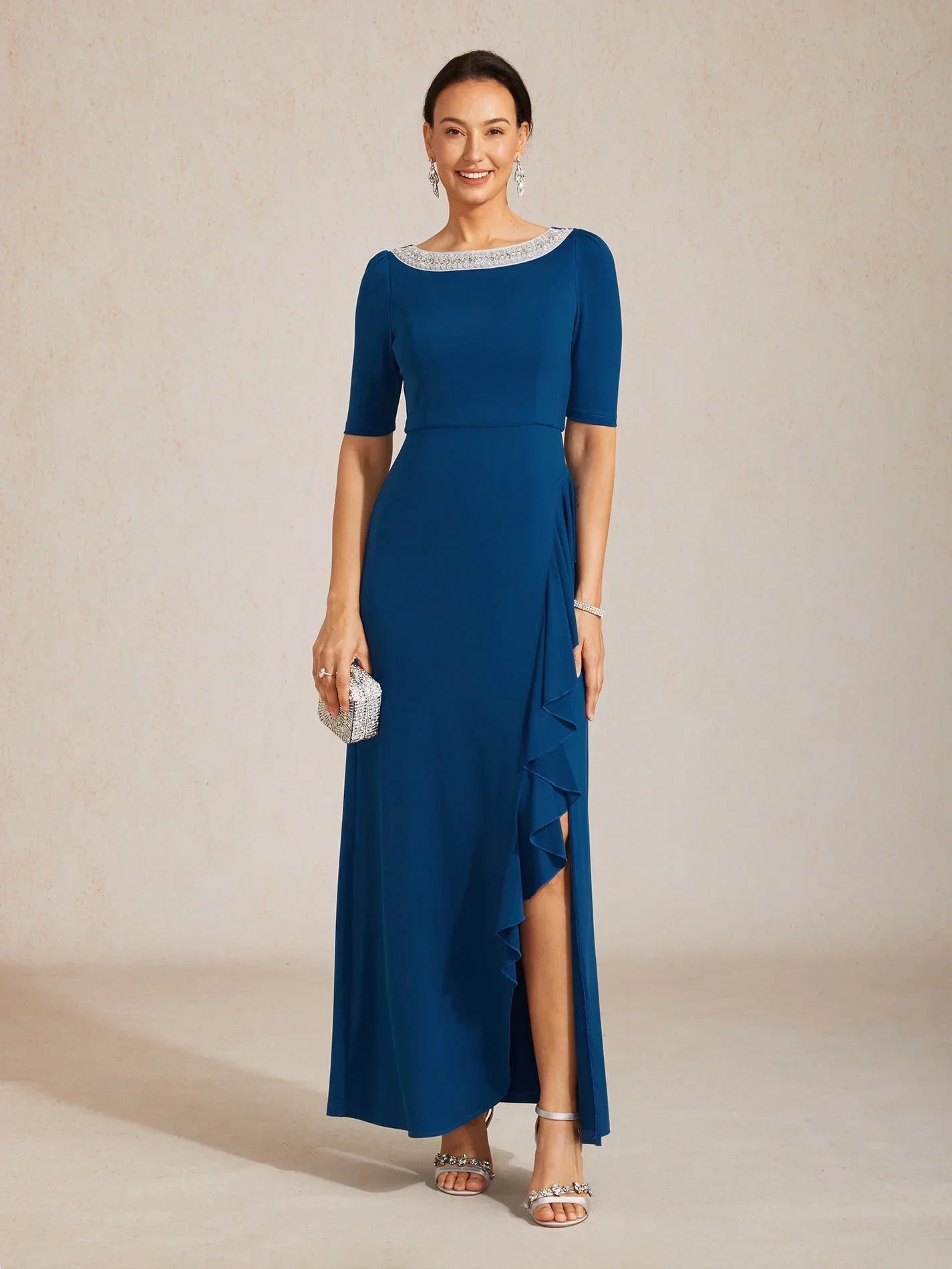 Boat Neck Ruffle A-Line Maxi Dress with Rhinestone Neck Detail