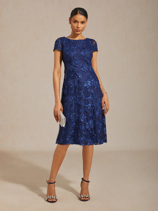 Rosette Lace Boat Neck A Line Dress