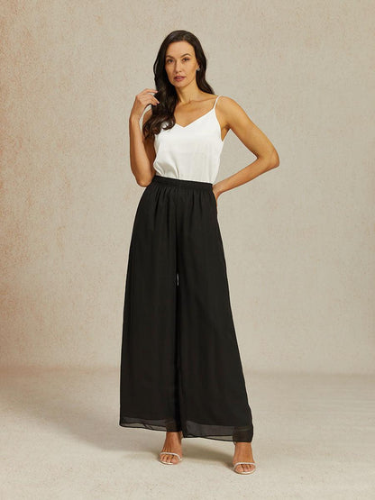 Mid-Rise Elastic Waist Wide-Leg Chiffon Pants
