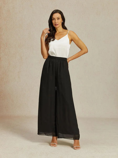 Mid-Rise Elastic Waist Wide-Leg Chiffon Pants