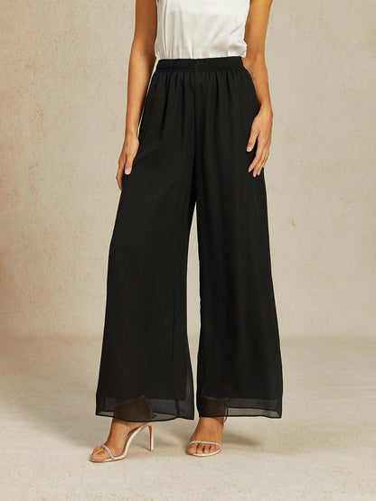 Mid-Rise Elastic Waist Wide-Leg Chiffon Pants