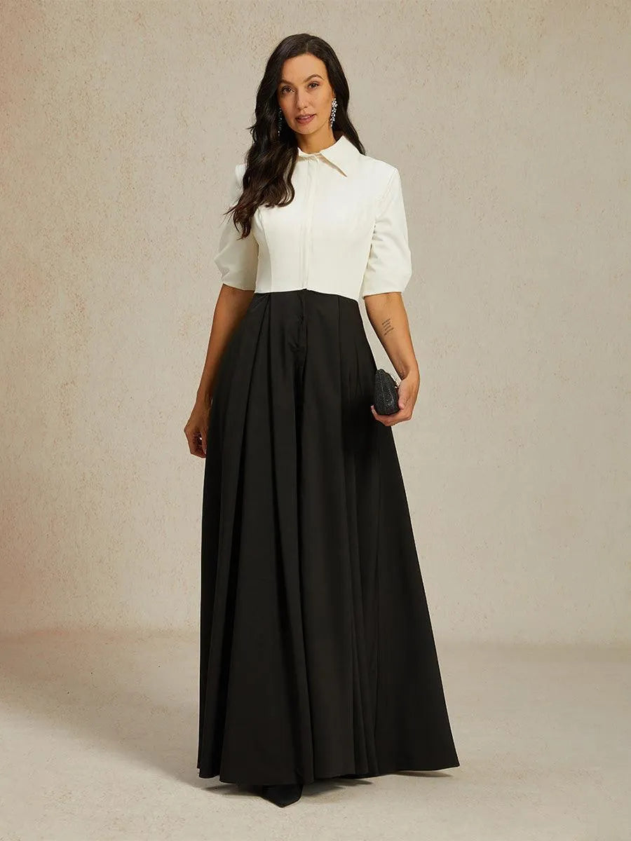 Formal Black & White Stretch Taffeta Maxi Dress