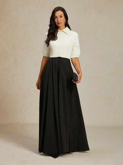 Formal Black & White Stretch Taffeta Maxi Dress