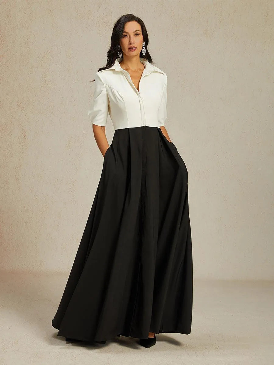 Formal Black & White Stretch Taffeta Maxi Dress