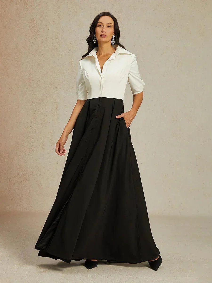 Formal Black & White Stretch Taffeta Maxi Dress