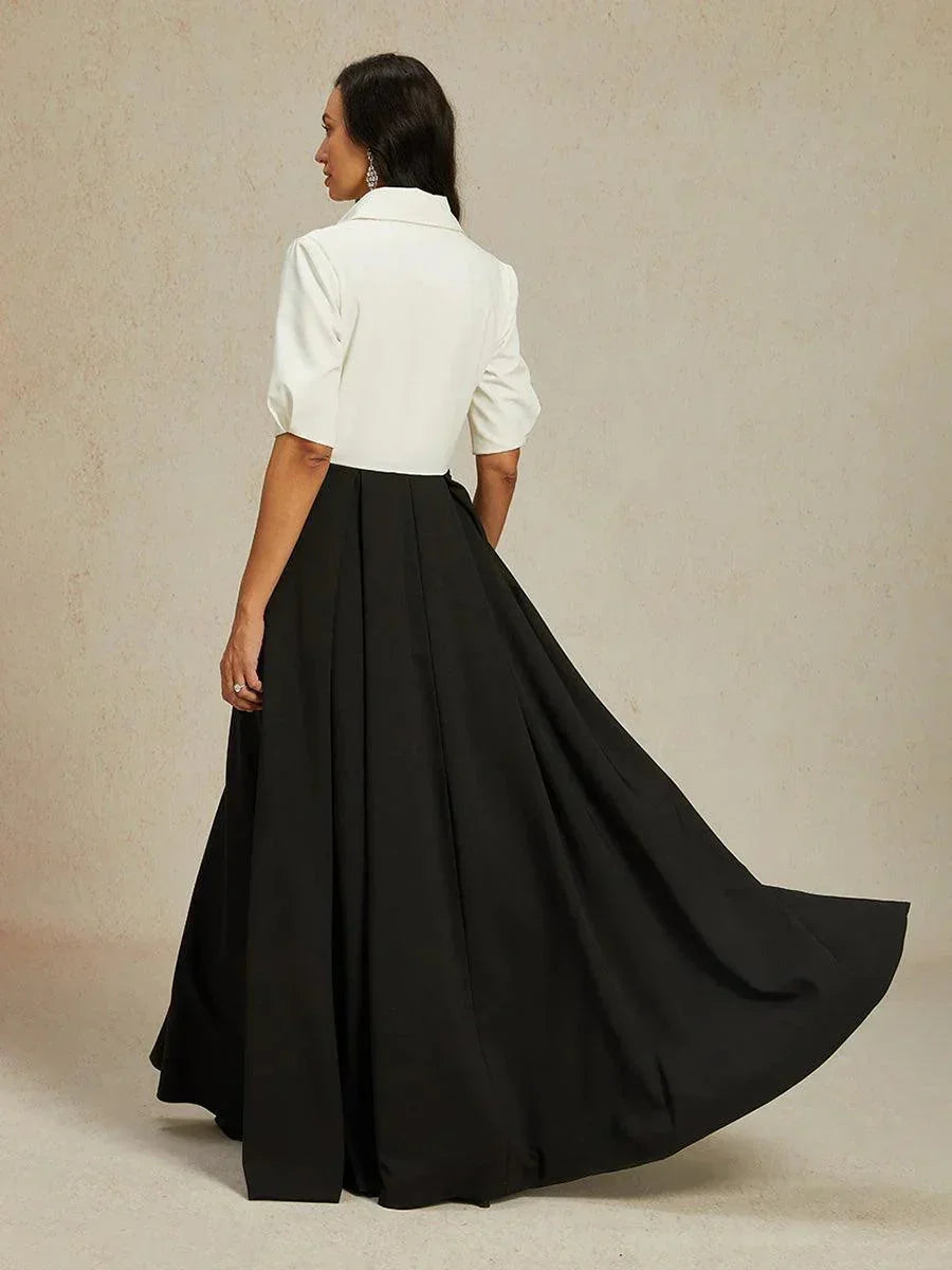 Formal Black & White Stretch Taffeta Maxi Dress