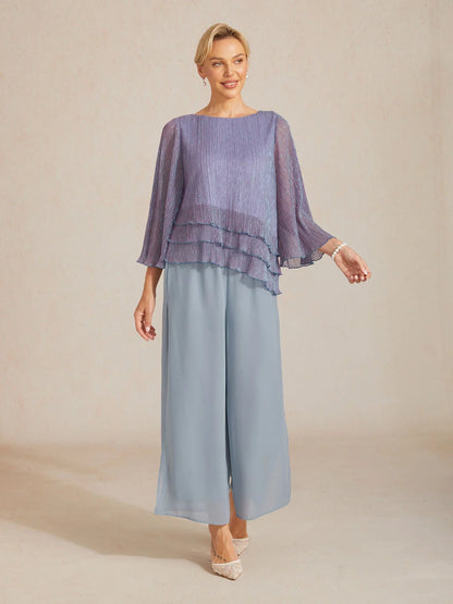 Metallic Pleated Chiffon Asymmetrical Layered Blouse