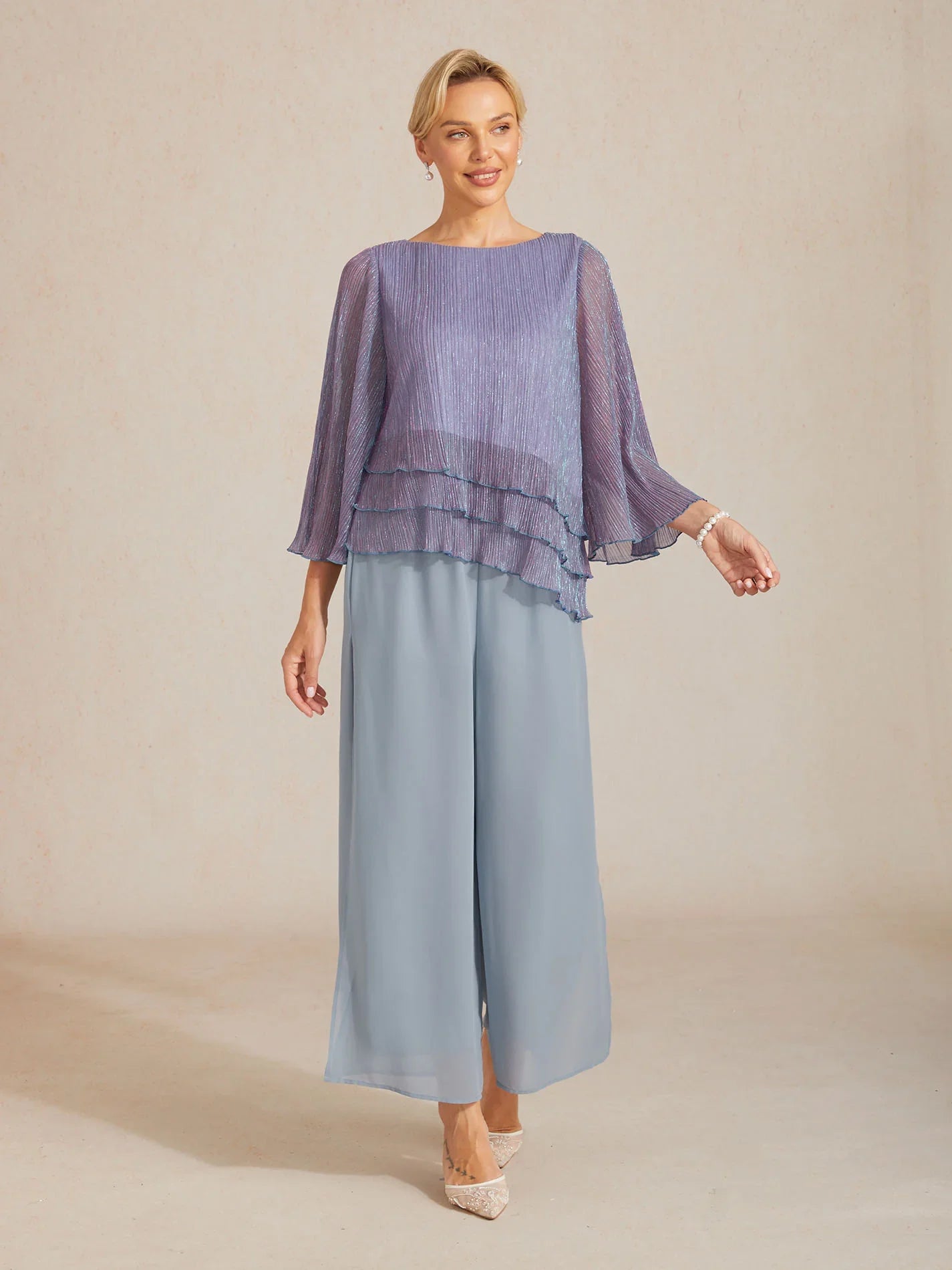 Metallic Pleated Chiffon Asymmetrical Layered Blouse