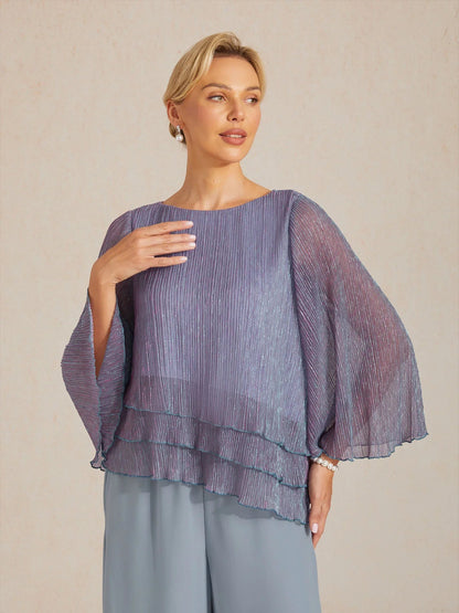 Metallic Pleated Chiffon Asymmetrical Layered Blouse