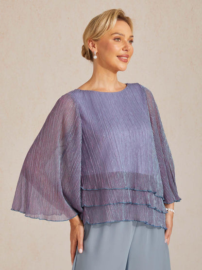Metallic Pleated Chiffon Asymmetrical Layered Blouse