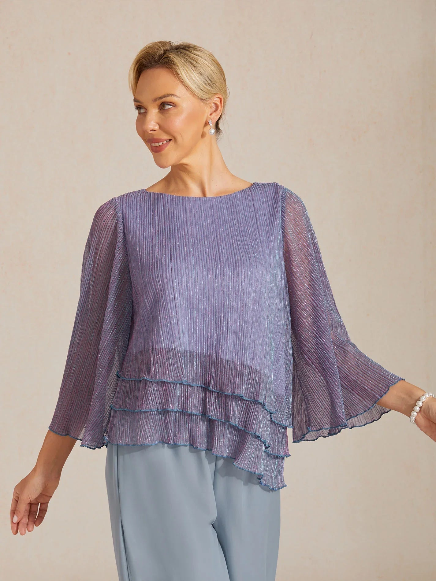 Metallic Pleated Chiffon Asymmetrical Layered Blouse