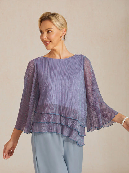 Metallic Pleated Chiffon Asymmetrical Layered Blouse