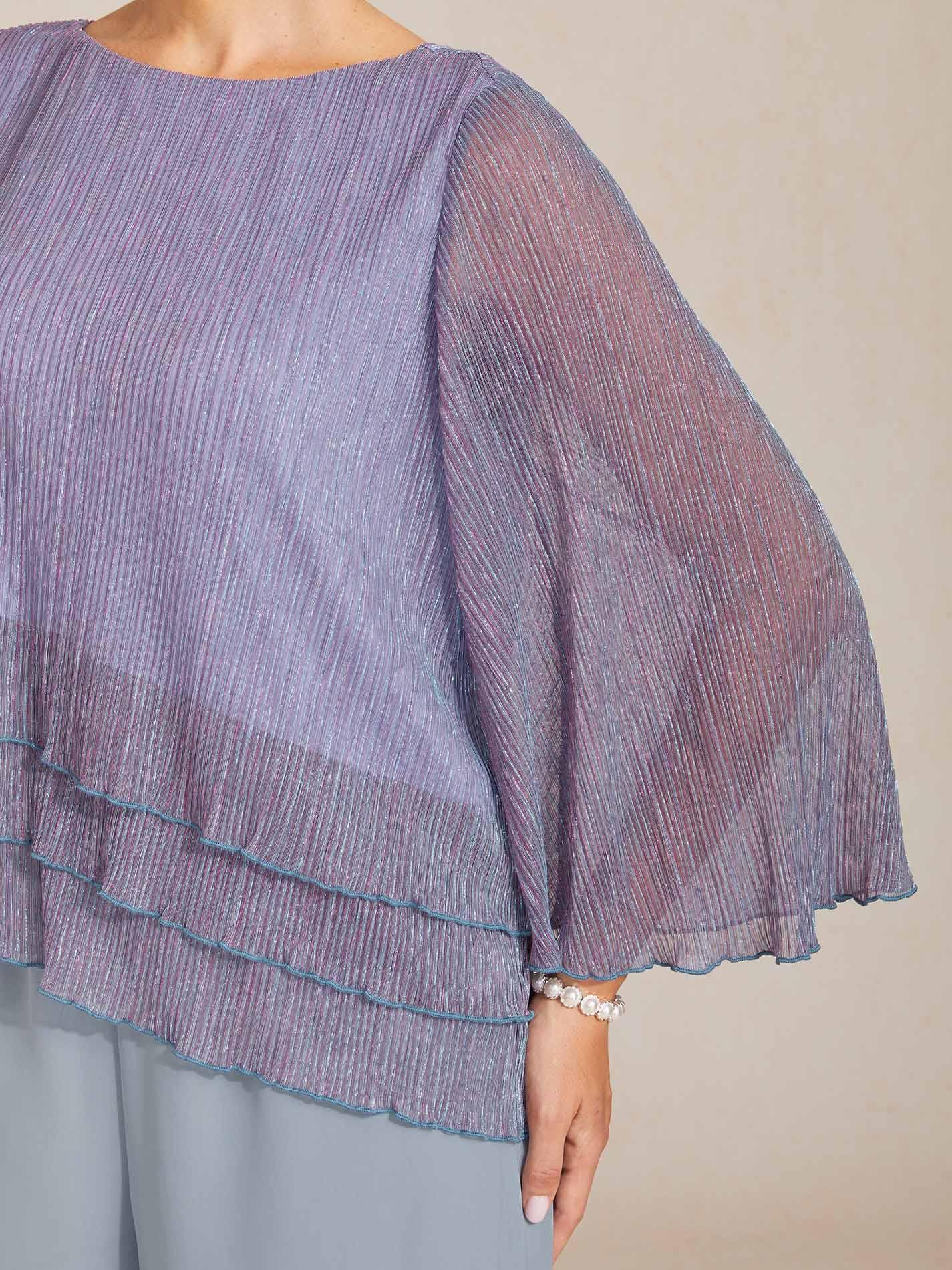 Metallic Pleated Chiffon Asymmetrical Layered Blouse