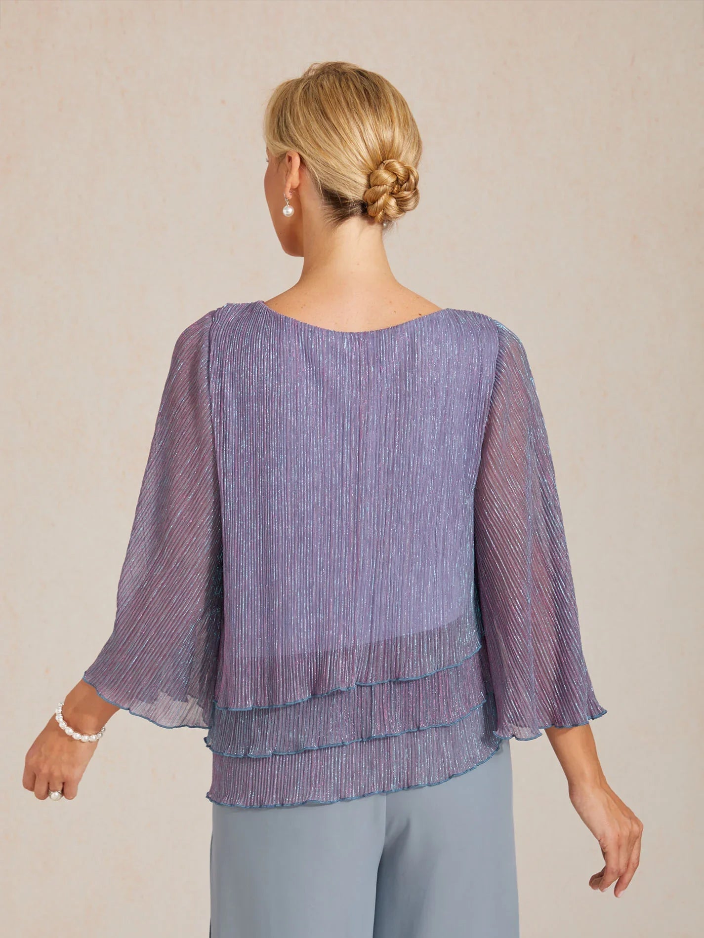 Metallic Pleated Chiffon Asymmetrical Layered Blouse