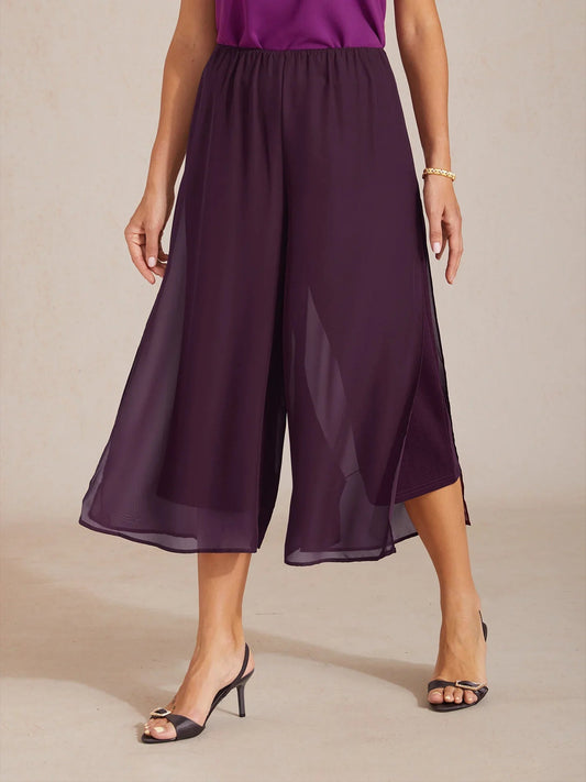 Cropped Length Straight Leg Pant With Chiffon Split Leg Overlay