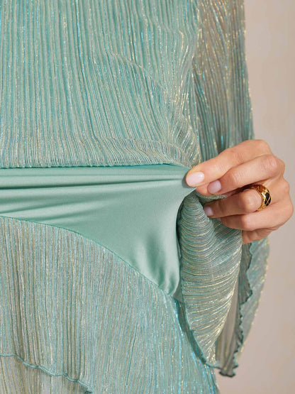 Metallic Pleated Chiffon Asymmetrical Layered Blouse