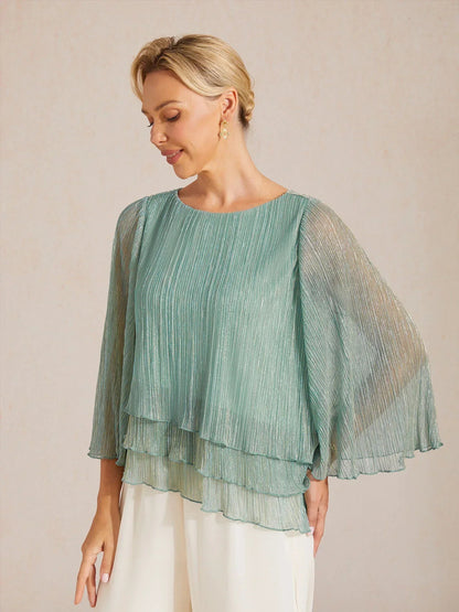 Metallic Pleated Chiffon Asymmetrical Layered Blouse