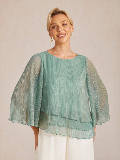 Metallic Pleated Chiffon Asymmetrical Layered Blouse