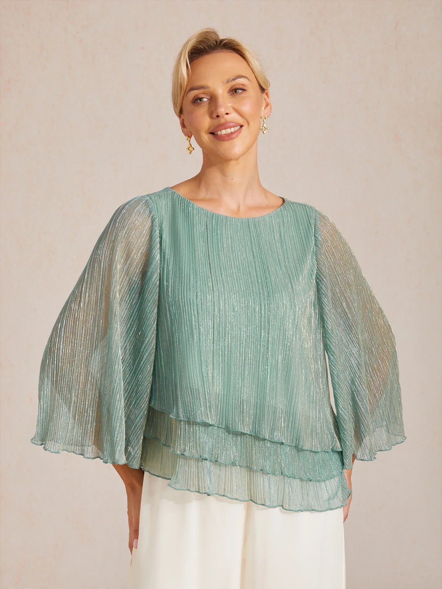Metallic Pleated Chiffon Asymmetrical Layered Blouse